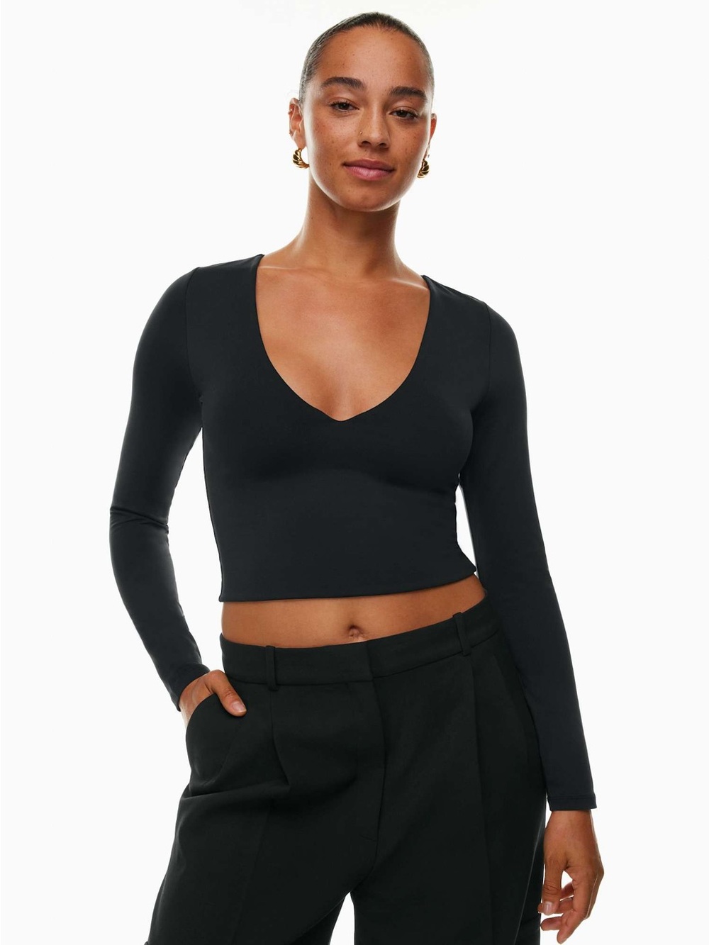 Babaton Size Large Black Long Sleeve Contour V-Neck Top Stretch Essential Fall